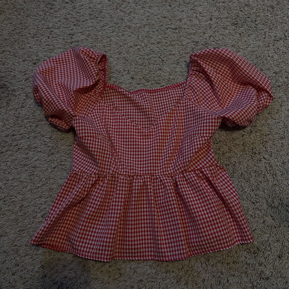 Red Gingham Puff Sleeve Top